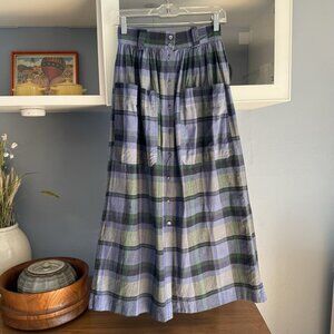 Vintage Laura Ashley Plaid Button Front Midi/Maxi Skirt Pockets Prairie